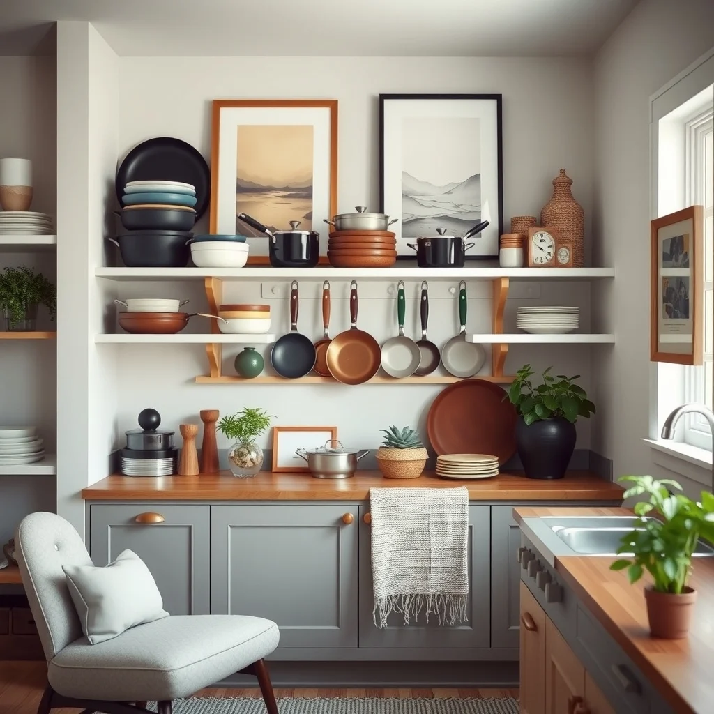 How to Store Pots and Pans in a Kitchen With Few Cabinets interior: 5. Convert an Open Shelf into a Cookware Gallery - Open shelving—whether floating or part of a pantry wall—offers a gallery‑like setting for pots and pans. By arranging items in order of size, you create a tidy cascade that doubles as a visual cue for