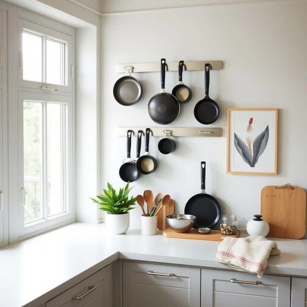 How to Store Pots and Pans in a Kitchen With Few Cabinets interior: 6. Use a Magnetic Strip for Small Frying Pans - For lightweight, magnetic‑compatible skillets, a stainless‑steel strip mounted on the backsplash provides a sleek, invisible storage solution. The strip can be painted to match the wall hue—perhaps a soft dove gray—so it blends in when