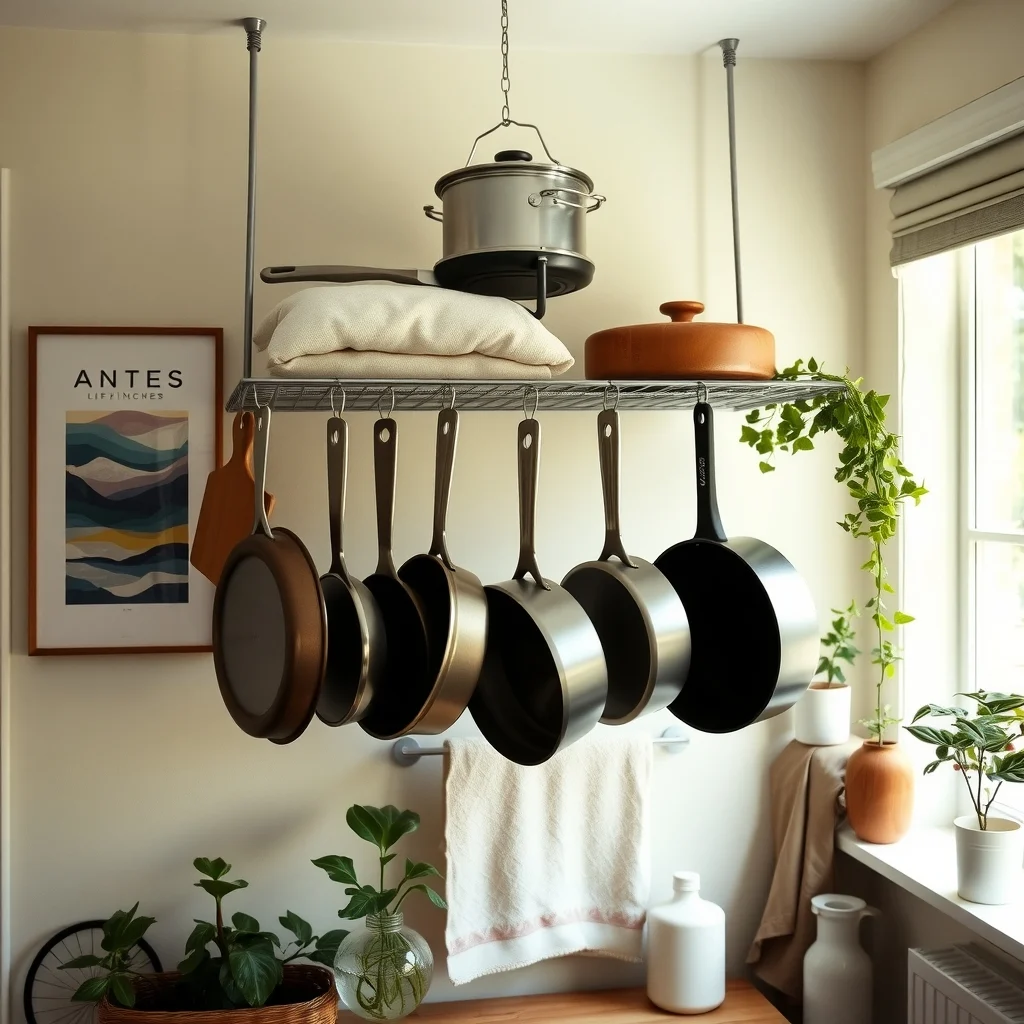 How to Store Pots and Pans in a Kitchen With Few Cabinets interior: FAQ - How can I keep hanging pots from getting greasy? Place a thin silicone mat or a piece of parchment paper on the rack; it catches splatters and is easy to wash. The mat also prevents