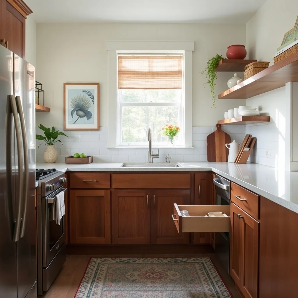 How to Store Spices in a Kitchen With Almost No Counter Space interior: 3. Install a Narrow Pull‑Out Drawer in a Base Cabinet - Many base cabinets have a few inches of unused depth beside the sink or dishwasher. A custom‑cut, shallow drawer slides in that space, offering a hidden compartment that slides out like a secret drawer. Inside,