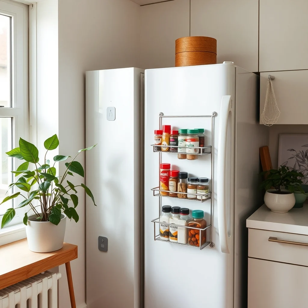 How to Store Spices in a Kitchen With Almost No Counter Space interior: 5. Mount a Slim Vertical Rack on the Side of the Refrigerator - The side of a refrigerator is often overlooked, yet it presents a vertical plane that can hold a thin, metal or acrylic rack. By securing the rack with strong adhesive pads or a few discreet