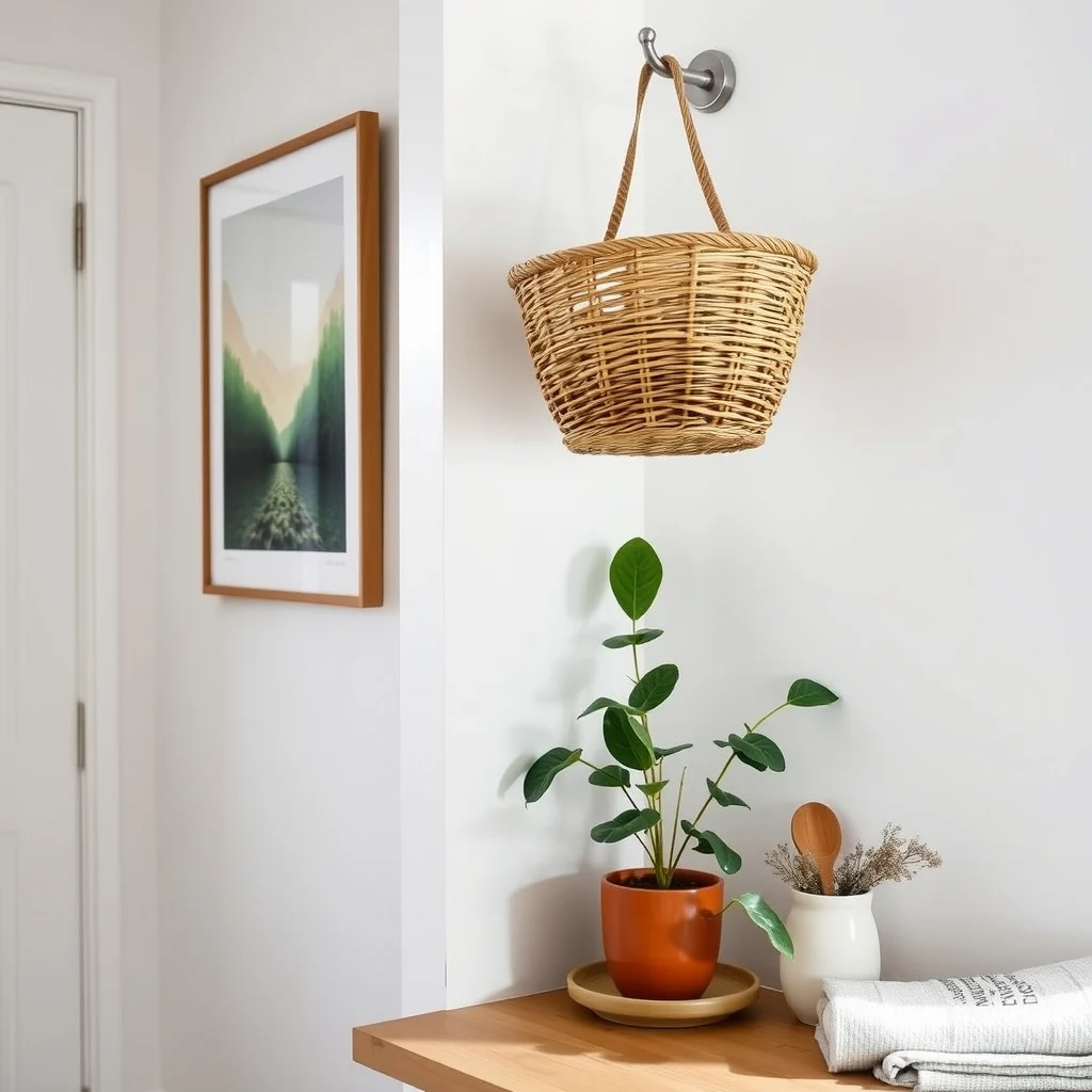 How to Store Spices in a Kitchen With Almost No Counter Space interior: 6. Hang a Decorative Basket from a Wall Hook - A woven basket made of seagrass or wicker can be suspended from a sturdy wall hook positioned near the cooking zone. The basket’s open weave provides ventilation, preventing moisture buildup, while the natural material adds