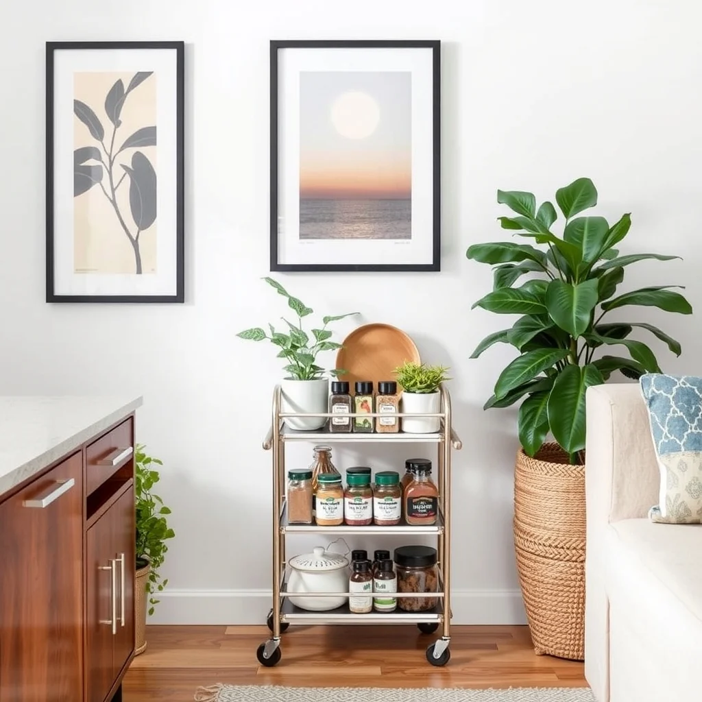 How to Store Spices in a Kitchen With Almost No Counter Space interior: 7. Convert a Small Rolling Cart into a Mobile Spice Station - A narrow, three‑tier rolling cart—often found in office supply aisles—can be repurposed as a movable spice hub. By adding a thin sheet of cork or a magnetic board to the top tier, you create a