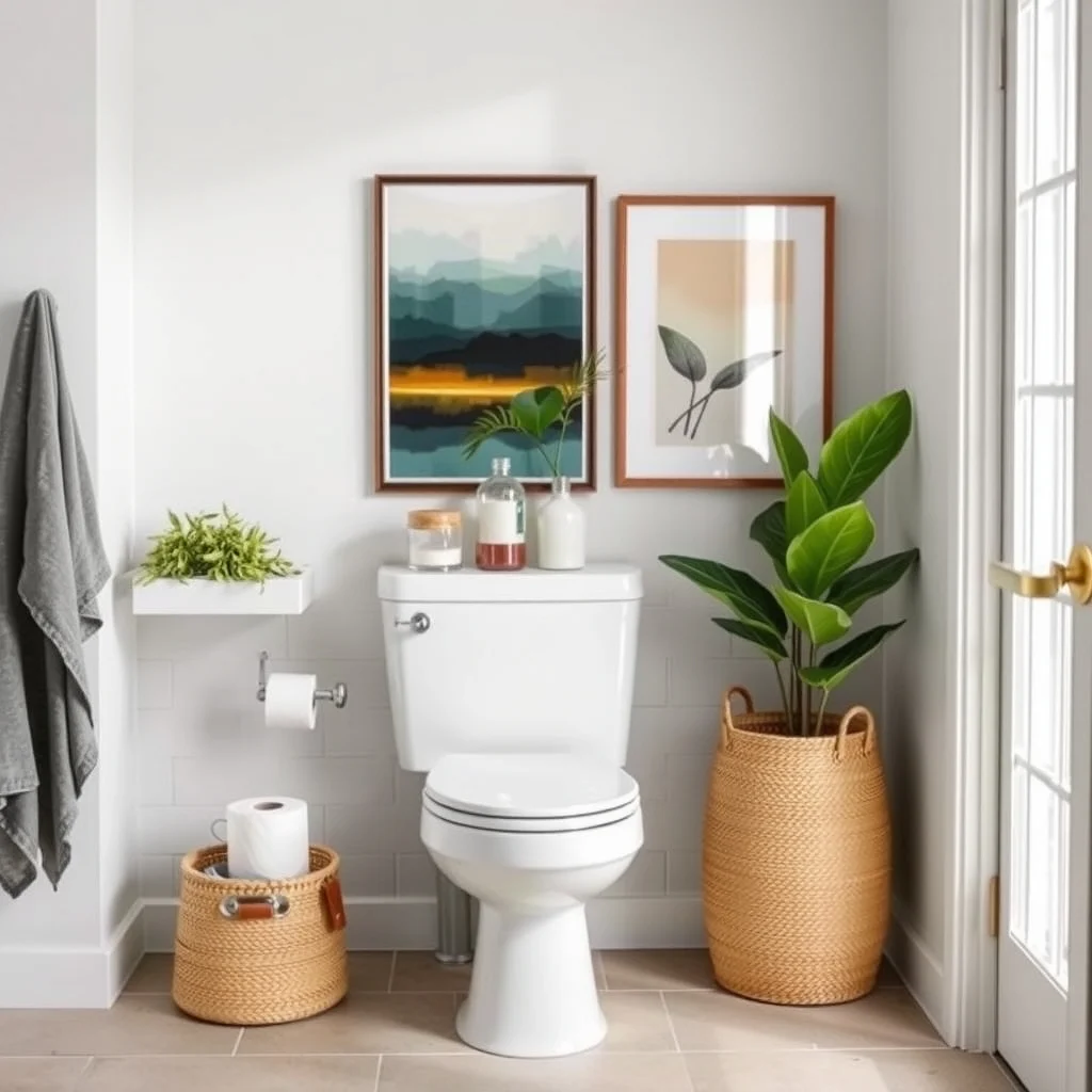 How to Store Toilet Paper in a Bathroom With No Storage interior: 6. Choose a Stylish Freestanding Basket - A woven basket made from seagrass or rattan can sit on the floor beside the vanity, offering a casual yet curated look. The natural texture softens the hard surfaces of tile and porcelain, while the