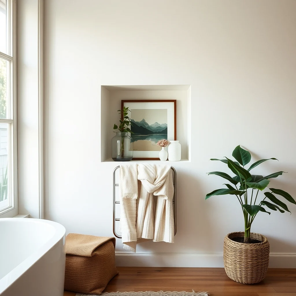 How to Store Towels in a Bathroom With No Linen Closet interior: 3. Add a Recessed Niche with a Built‑In Towel Rack - Carving a shallow niche into an unused wall creates a hidden pocket for towels while maintaining a clean line. Inside the niche, a small stainless‑steel or chrome rack holds towels, and the recessed space