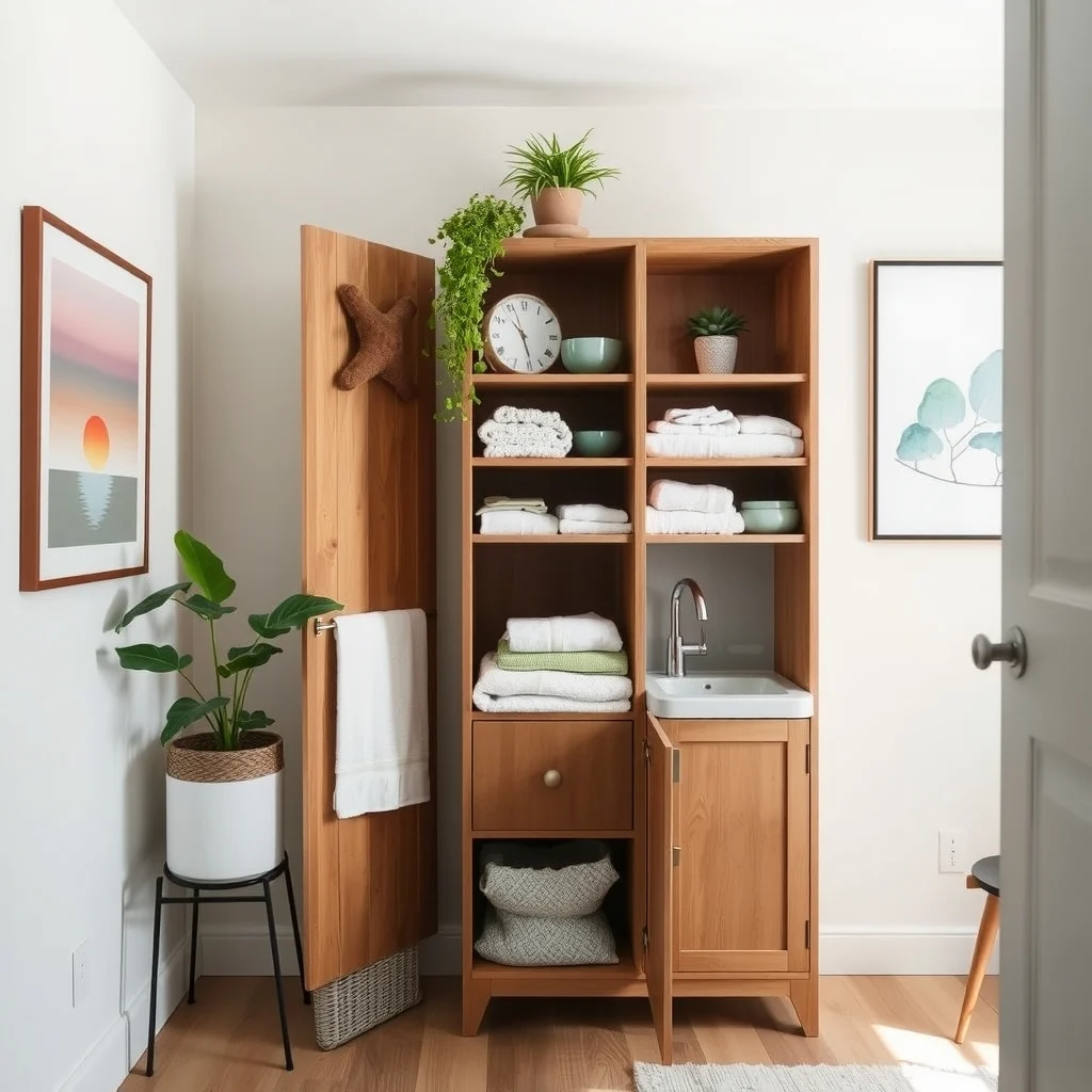 How to Store Towels in a Bathroom With No Linen Closet interior: 5. Incorporate a Tall Open Cabinet with Adjustable Shelves - A narrow, floor‑to‑ceiling cabinet placed beside the vanity can store a larger inventory of towels while acting as a vertical accent. Adjustable shelves let you customize the height for folded bath sheets, rolled towels,