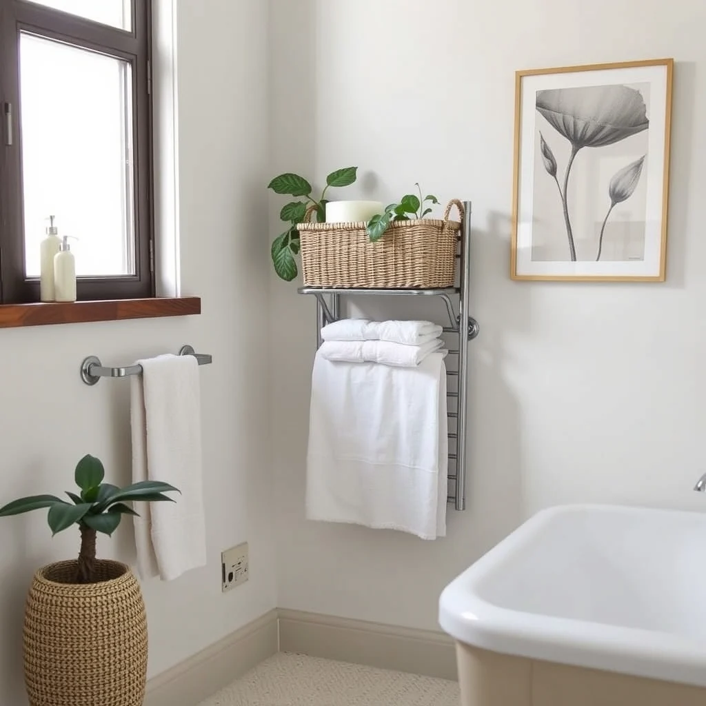 How to Store Towels in a Bathroom With No Linen Closet interior: 6. Use a Decorative Basket Set on a Heated Towel Rack - Combining a heated towel rack with a woven basket adds both warmth and style. The heated rack gently dries towels, while the basket—crafted from seagrass or rattan—holds extra linens that are ready for use. The