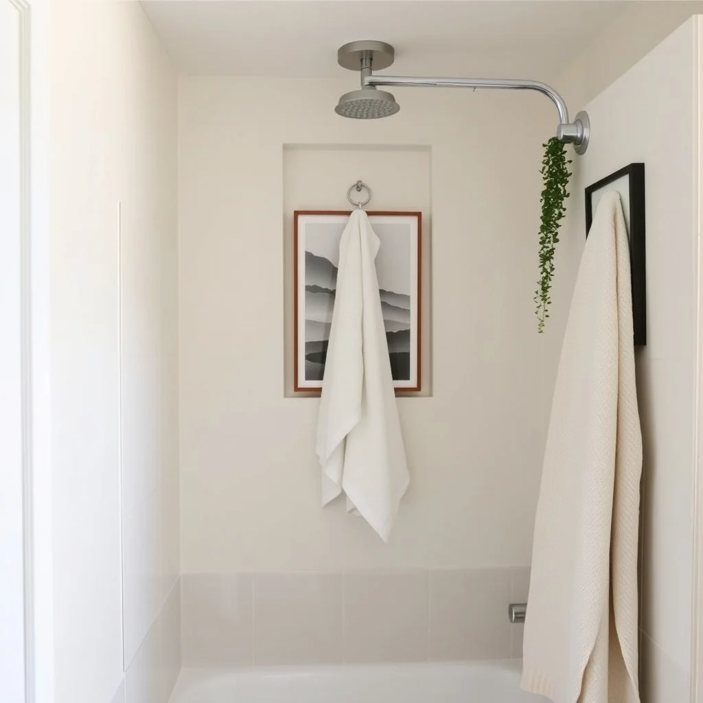 How to Store Towels in a Bathroom With No Linen Closet interior: 7. Hang a Towel Rod from a Ceiling Hook in a Shower Niche - When a shower niche is deep enough, a sturdy ceiling hook can support a short towel rod that extends into the wet area. This arrangement frees the wall from additional hardware and creates a clean,