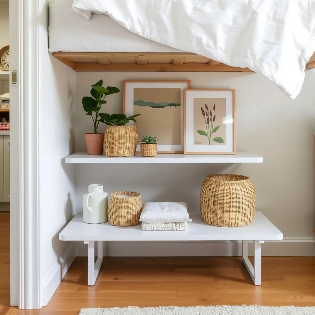 How to Use the Space Under a Bed Without Creating Clutter: 5. Open‑Shelf Riser with Decorative Baskets - Installing a low, open shelf a few inches above the floor creates a raised platform that doubles as a display surface. On this shelf you can arrange a few woven baskets, a small potted plant,
