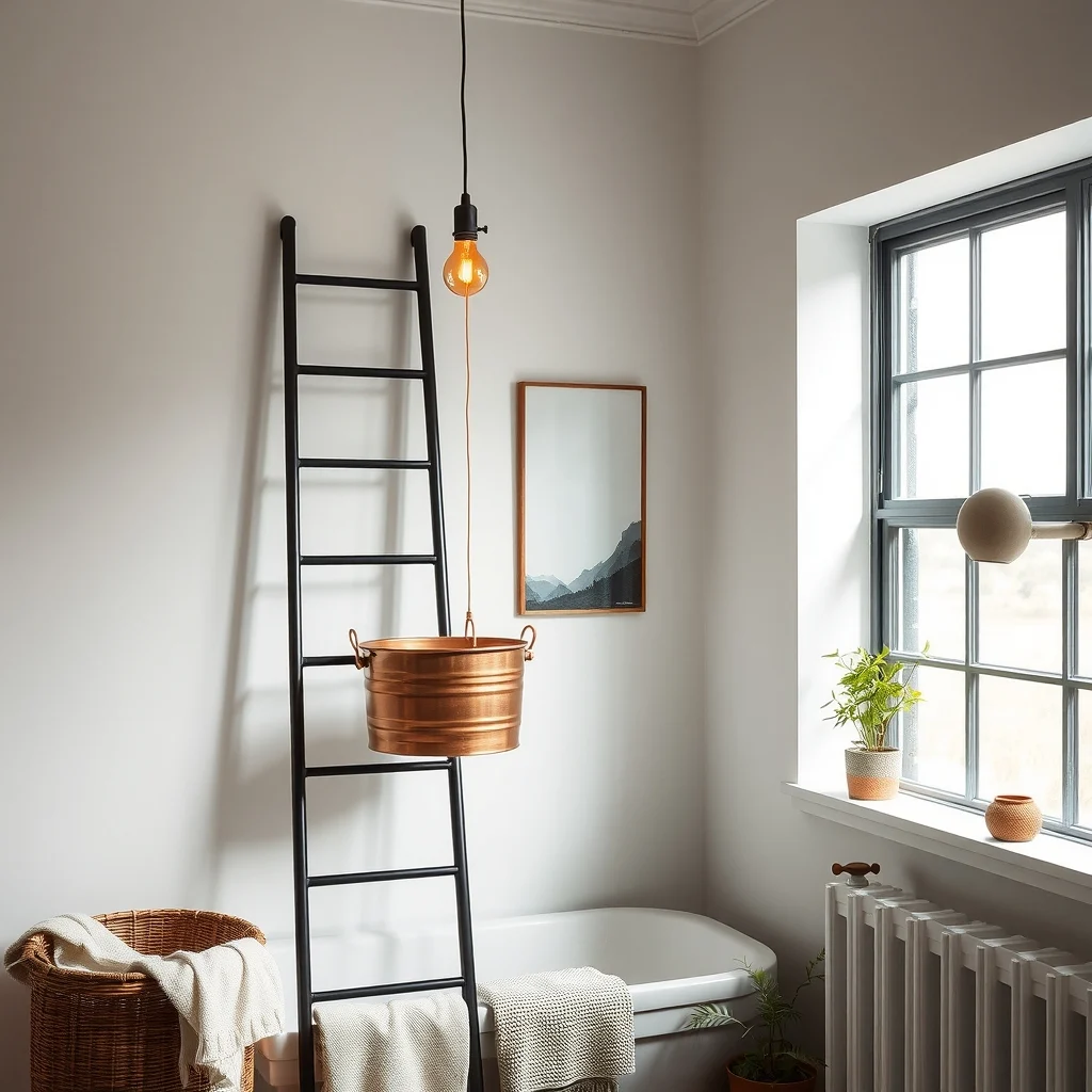 Industrial bathroom corner featuring a narrow black metal ladder shelf top rung holds a brushed copper pull down basket sliding on a thin steel rail illuminated by pendant amber light