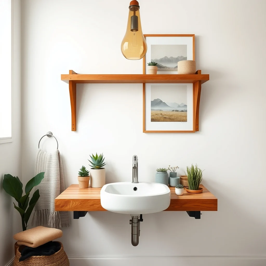Industrial chic bathroom with a reclaimed oak floating vanity shelf above a brushed nickel sink holding a ceramic soap dispenser and small potted succulents soft amber pendant lighting