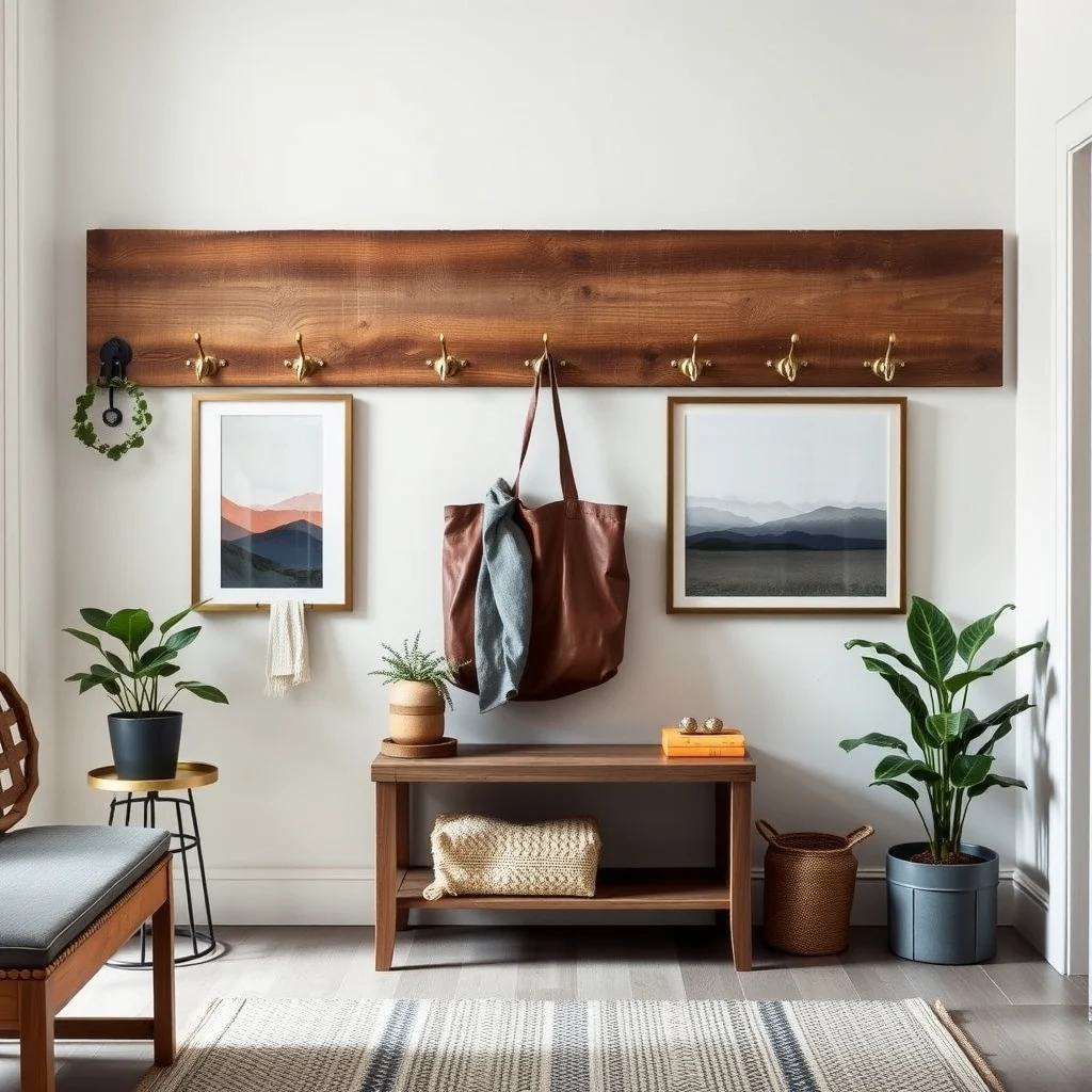 Industrial chic entryway brushed brass hook row at shoulder height on reclaimed wood wall hanging leather