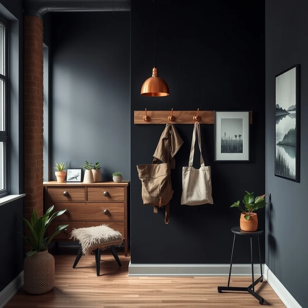 Industrial loft entry black metal coat rack with brass high hooks and reclaimed wood lower hooks matte black wall copper pendant lamp casting warm glow a leather backpack and canvas tote hanging