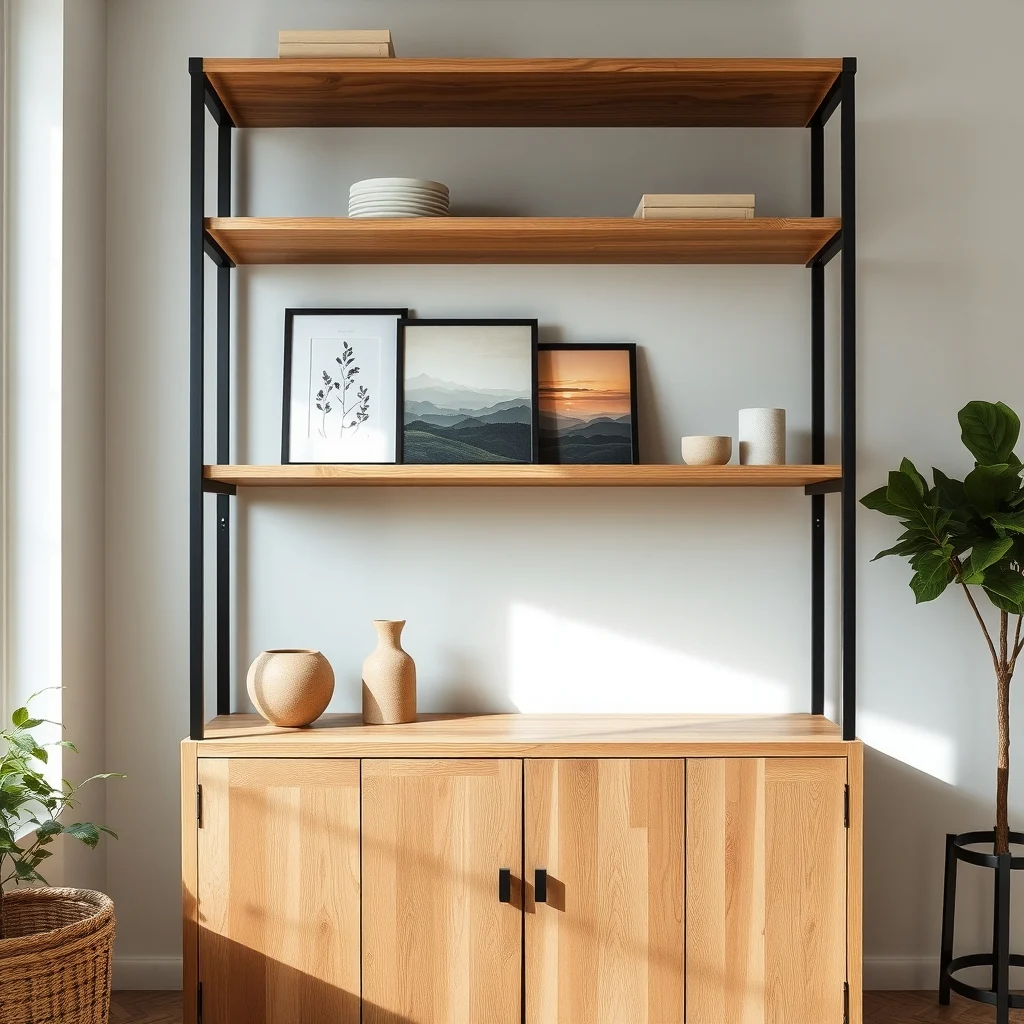 Industrial style cabinet with sleek black metal brackets holding reclaimed pine shelves one shelf mid adjustment