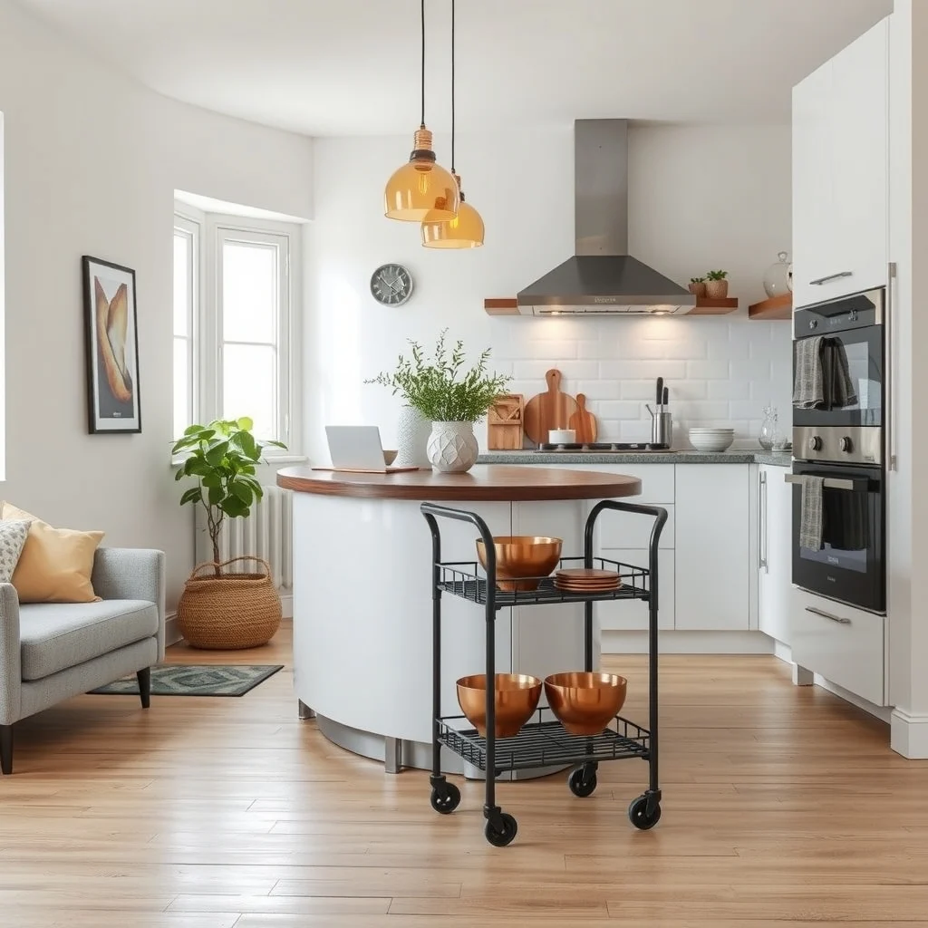 Industrial style kitchen island with a narrow black metal three tier rolling cart Warm amber pendant lights cast shadows on copper bowls the cart slides into view offering a portable