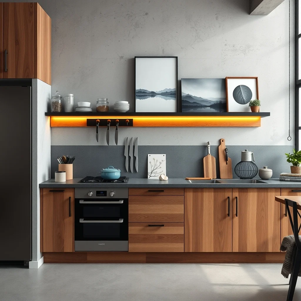 Industrial style kitchen wall with matte black magnetic knife strip displaying stainless blades concrete backsplash reclaimed wood cabinets warm amber LED strip lighting close up composition highlighting texture and metallic sheen