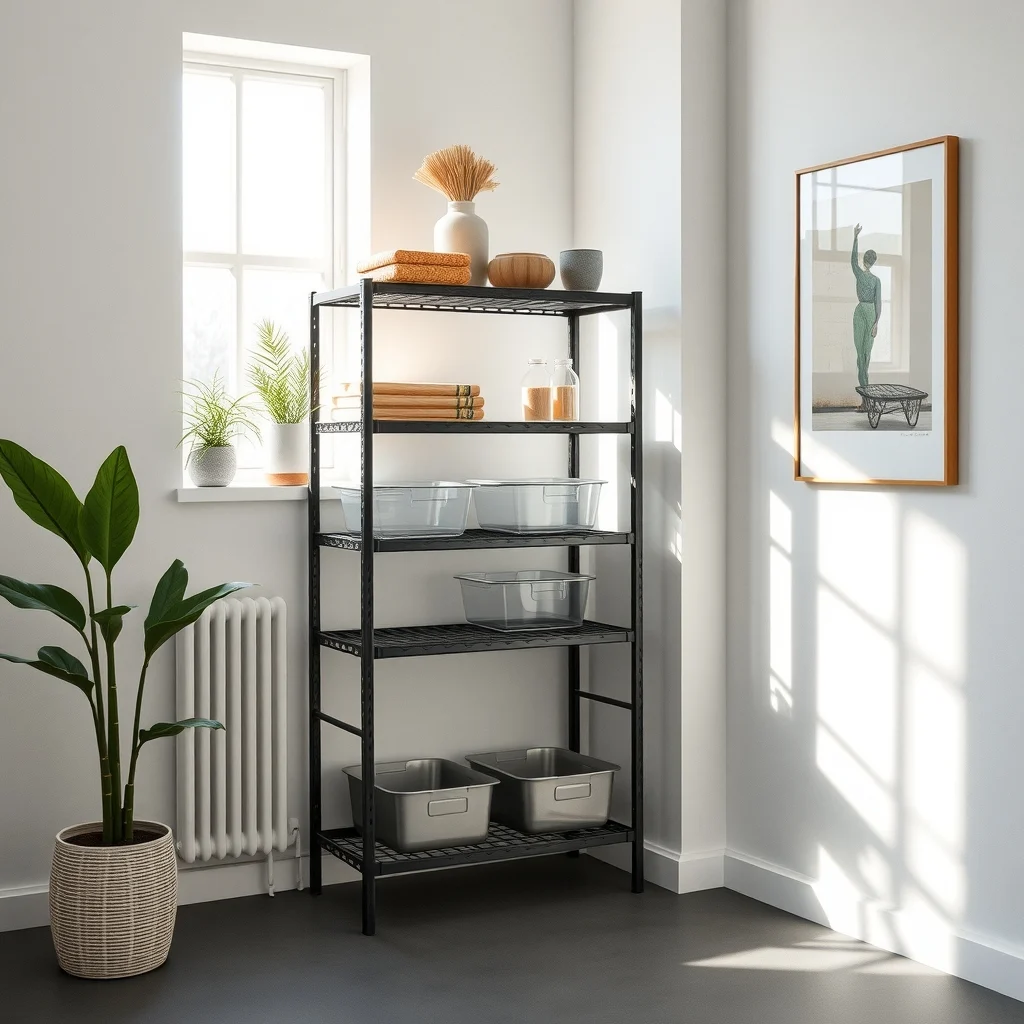 Industrial style kitchenette with powder coated steel freestanding shelf three adjustable metal shelves holding transparent stackable bins soft morning light streams through a nearby window highlighting white walls and muted gray floor