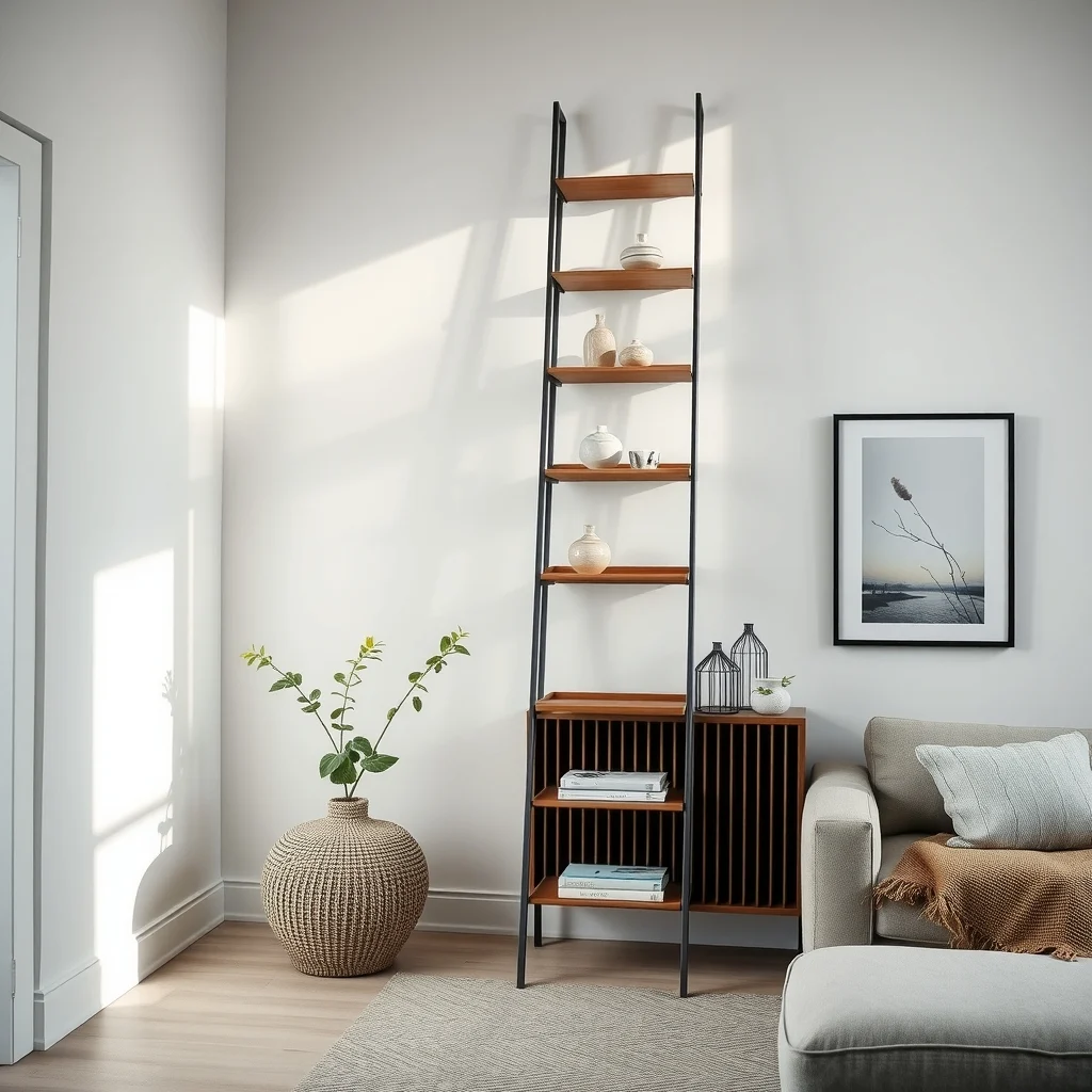 Industrial vertical ladder shelf muted slate powder coated steel open rungs holding ceramic vases leaning at 15 angle dramatic side lighting low angle view emphasizing structural geometry