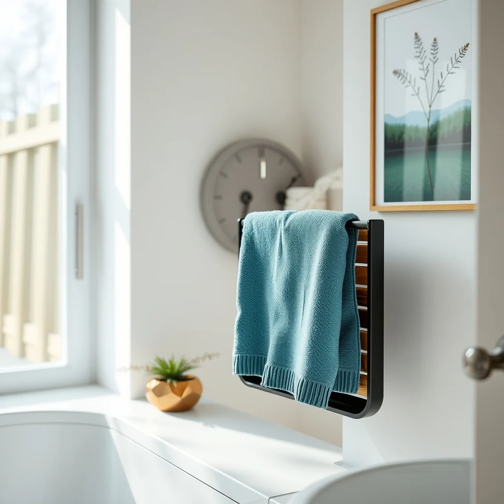 Integrated wooden slat drying rack unfolds from side of matte black caddy displaying damp teal towel warm ambient bathroom lighting emphasizes texture while subtle steam hints at recent use