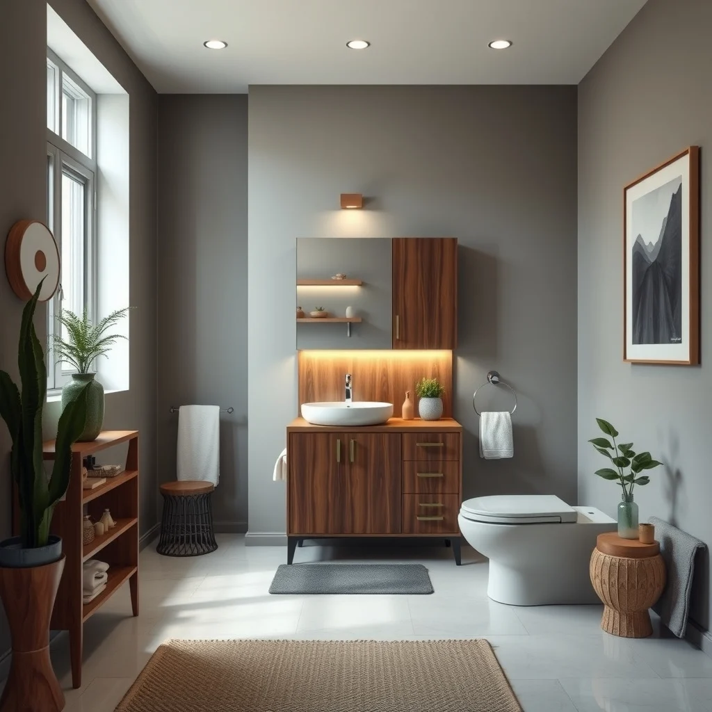 Mid century modern bathroom corner cabinet in walnut veneer painted matte charcoal concealed pull out hamper slides out silently Warm recessed lighting highlights sleek hardware and polished stone sink