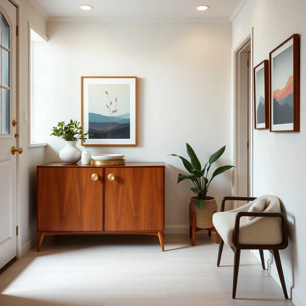 Mid century modern entryway narrow walnut console table beside door slim brass handles top displays ceramic bowl and brass key tray warm recessed lighting wide shot showing floor space