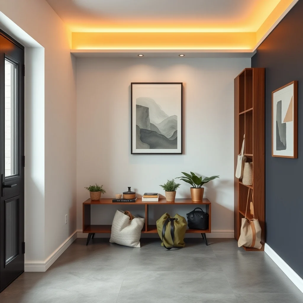 Mid century modern hallway walnut and matte black cubbies mounted vertically geometric abstract art above warm amber lighting bags of varying sizes displayed sleek concrete floor deep charcoal accent wall