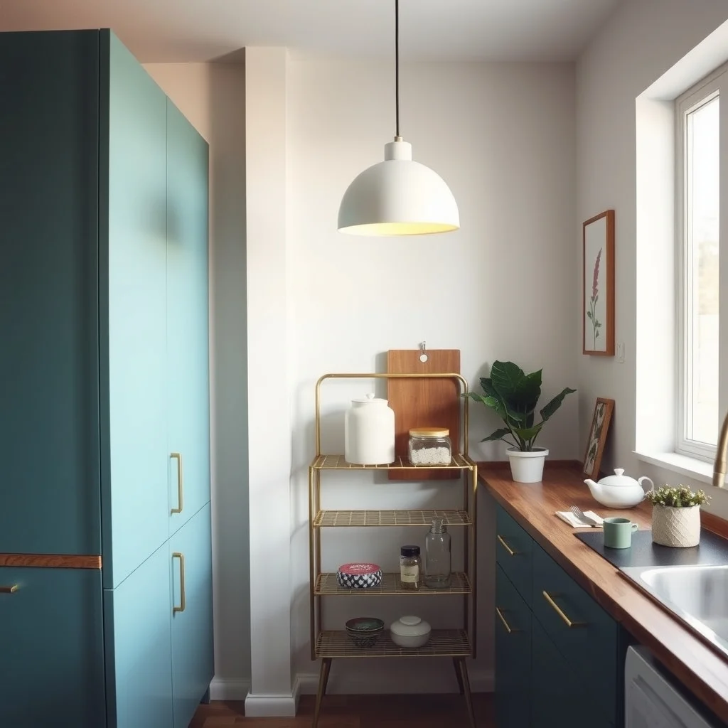 Mid century modern kitchen corner teal cabinets compact tiered metal shelf in brushed brass stepped design holds a tall ceramic jar back and small spice tins front warm pendant glow subtle botanical wall stencil