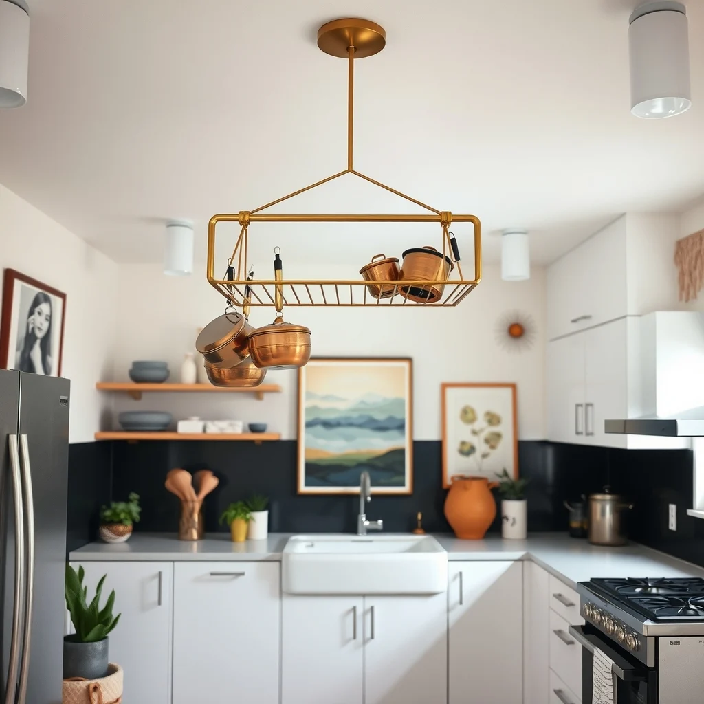 Mid century modern kitchen featuring a brushed brass ceiling pot rack holding copper pots sleek stainless steel appliances matte black backsplash soft pendant lighting shot from below emphasizing upward lines
