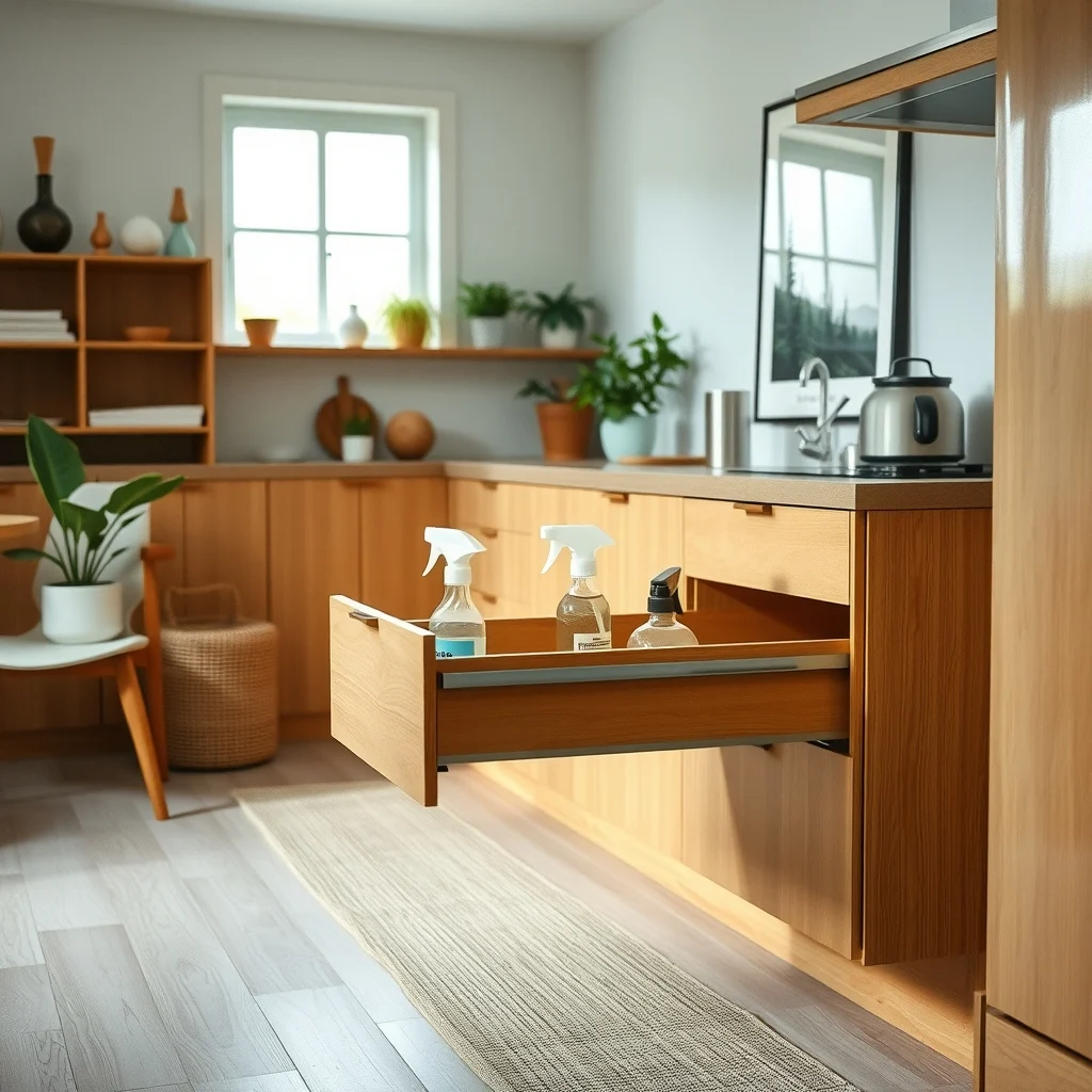 Mid century modern kitchen featuring a maple pull out drawer partially extended displaying spray bottles scrub