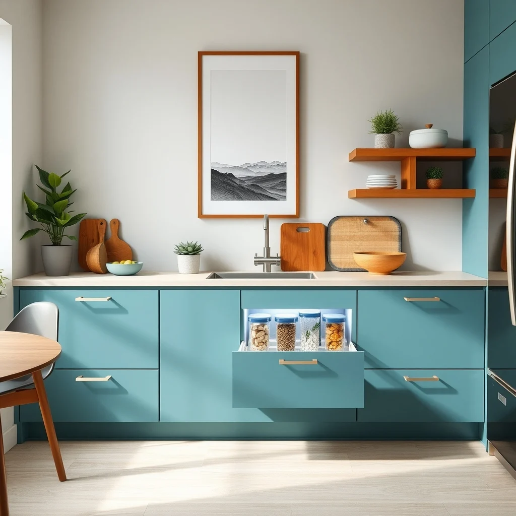 Mid century modern kitchen teal base cabinets reveal a shallow pull out drawer of brushed aluminum Soft under cabinet LED lighting illuminates stacked glass snack containers creating a sleek hidden pantry