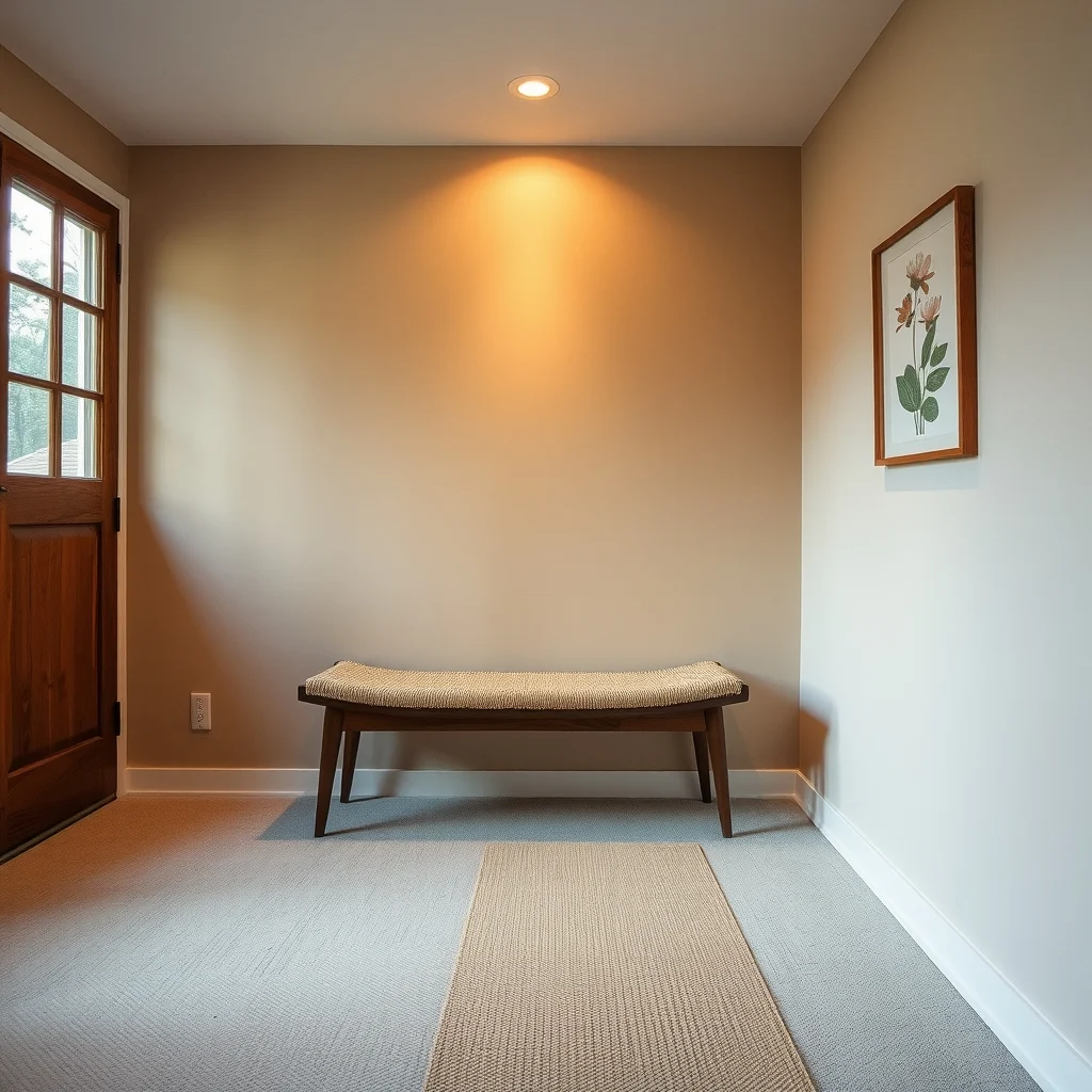 Mid century modern narrow bench 17 inch high walnut slats with woven seagrass cushion placed against the wall warm amber lighting from a recessed ceiling spot runner peeking underneath subtle botanical print on adjacent wall