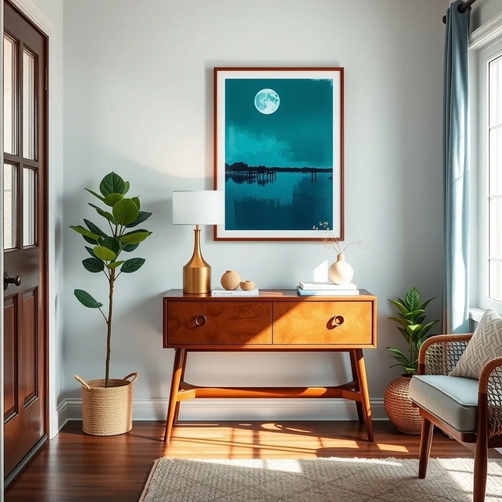Mid century modern walnut console 30 inch wide placed against the entry wall beside the door a slim brass lamp and abstract teal blue wall art above soft natural light streams from a nearby window creating a cozy vignette