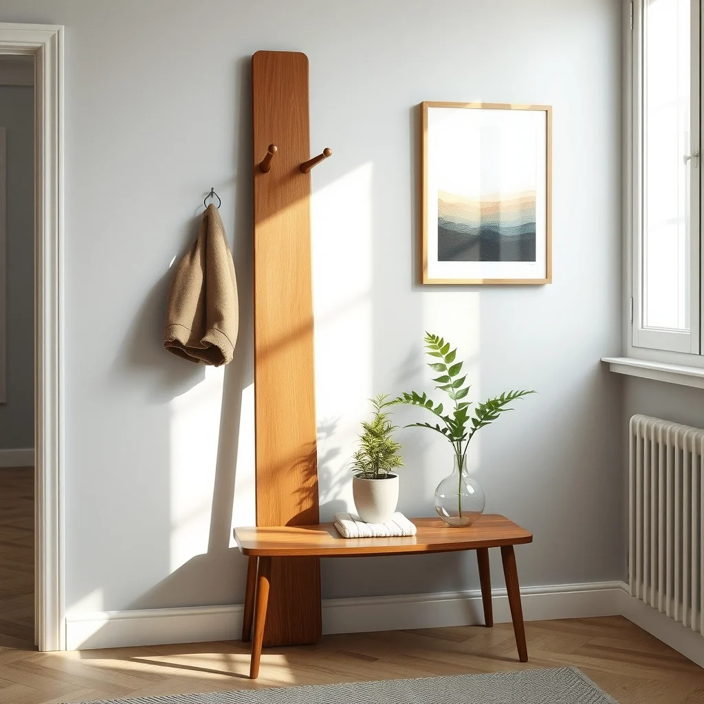 Mid century wooden coat rack leans against a light gray wall its top shelf forming a low walnut bench soft morning light streams through a nearby window highlighting the natural grain and a small potted fern