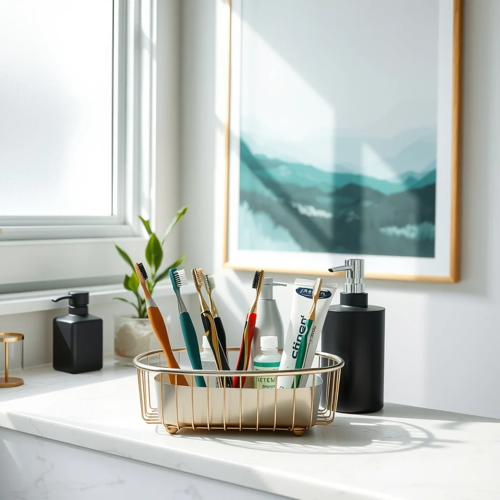 Minimalist bathroom vignette brushed metal shallow caddy on white marble countertop holding upright toothbrushes razors toothpaste tubes soft natural light from frosted window abstract teal wall art behind