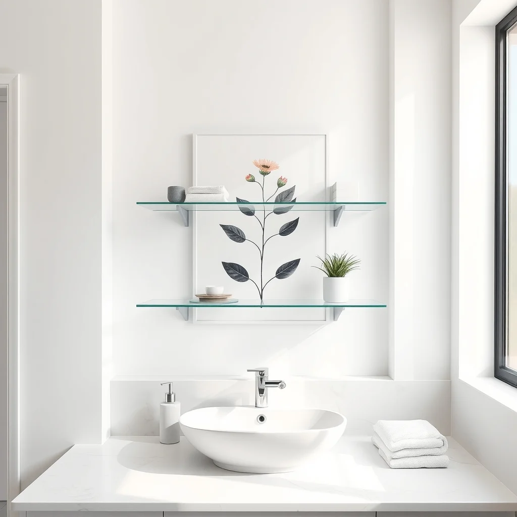 Minimalist bathroom white walls brushed nickel rail above sink holding floating clear glass shelves soft natural light from frosted window sleek marble countertop abstract botanical print behind composition focusing on vertical organization