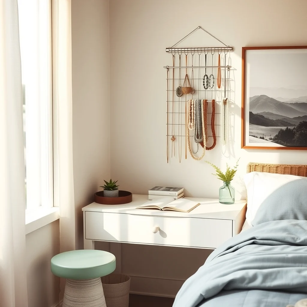 Minimalist bedroom corner brushed steel jewelry grid mounted above a white vanity illuminated by warm morning light delicate necklaces and bracelets cascade over open work squares contrasting walnut wood and pastel teal accents