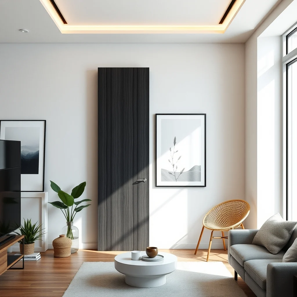 Minimalist narrow tall cabinet matte black sliding doors eight inch width reaches ceiling recessed LED strip highlights wood grain captured straight on to show door gliding flush with wall