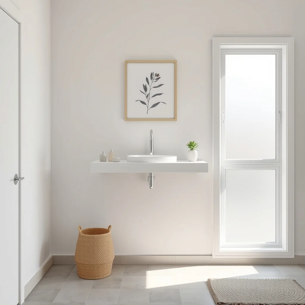 Minimalist white bathroom matte finished floating shelf with concealed brackets sleek chrome hardware hidden soft natural light from frosted window pale greige tiles abstract botanical print above airy composition
