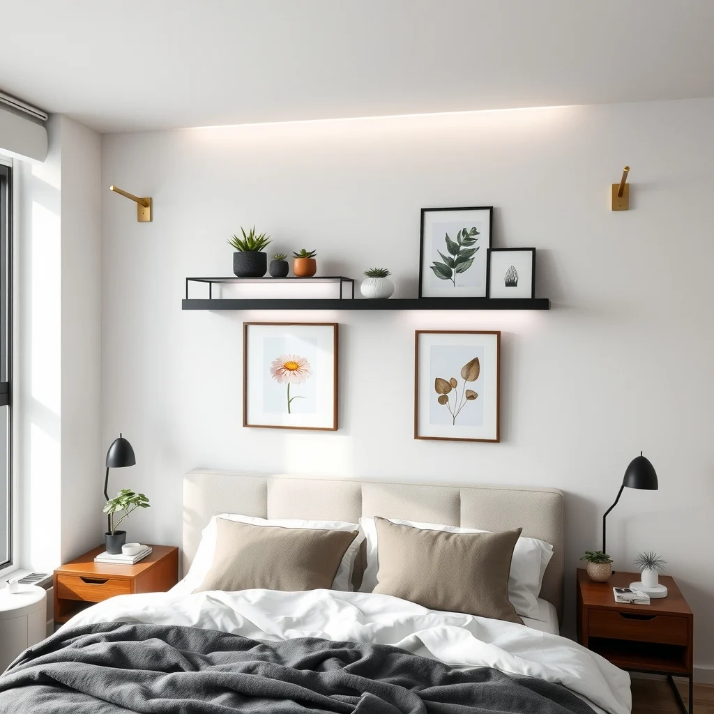 Modern bedroom ceiling high brushed brass brackets support narrow matte black floating shelves above the bed holding abstract botanical prints and small potted succulents ambient LED strip casts gentle upward glow