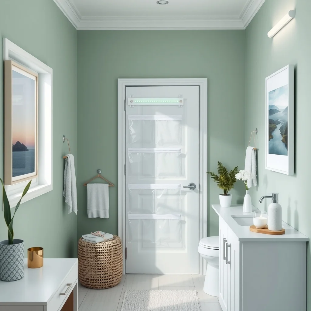 Modern coastal bathroom sea foam green walls white vanity clear plastic over door organizer with zippered pockets and larger compartments soft LED strip lighting angled view highlighting door hook