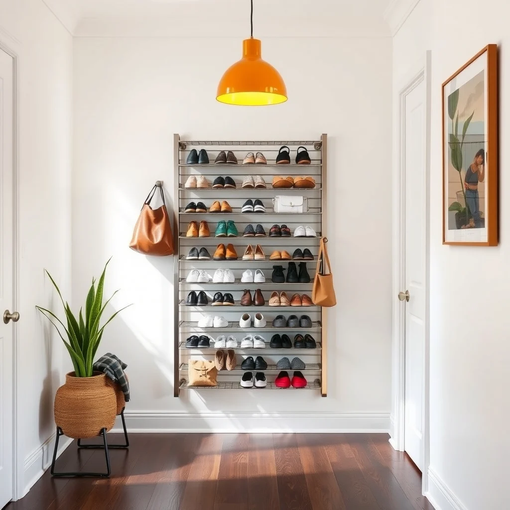 Modern entryway brushed steel vertical shoe rack mounted on white wall open slats displaying shoes warm amber pendant light above dark walnut floor minimalist vibe close up composition