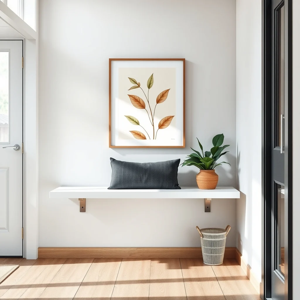 Modern entryway with a matte white floating shelf at waist height thin charcoal cushion brushed steel brackets soft natural light from a nearby window abstract botanical print behind clean lines