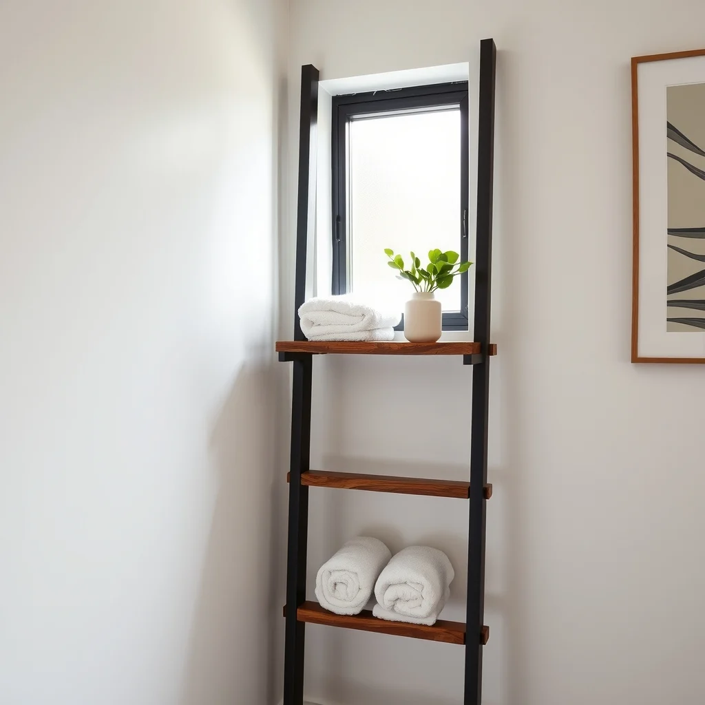 Modern industrial bathroom corner with powder coated steel ladder shelf reclaimed wood rungs rolled white towels a small jade plant soft natural light filtering through a frosted window