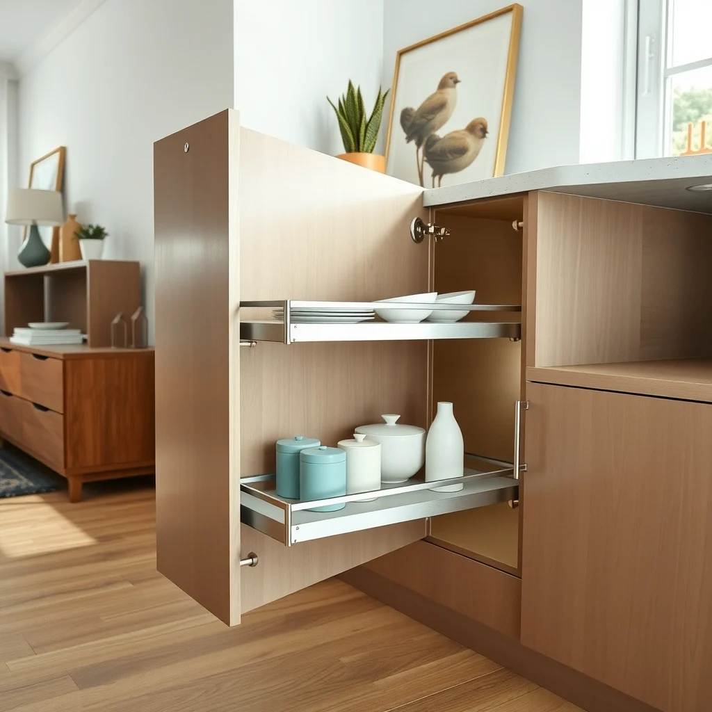 Modern kitchen cabinet side view brushed stainless steel tiered pull out shelf gliding on silent rollers two sleek aluminum tiers