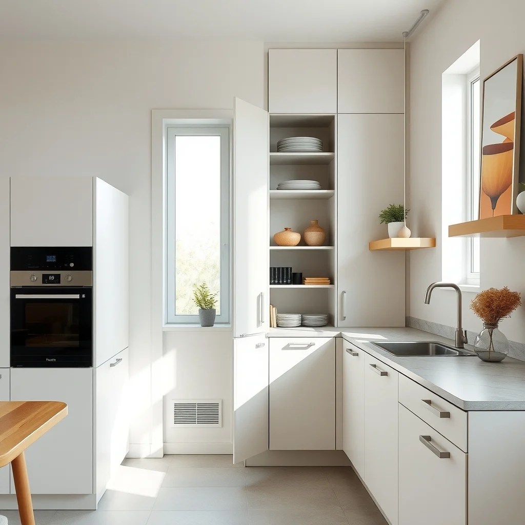 Modern kitchen view of a floor to ceiling slim pantry cabinet in soft matte white warm greige accents brushed nickel handles natural daylight streams from a nearby window emphasizing clean lines and quiet organization