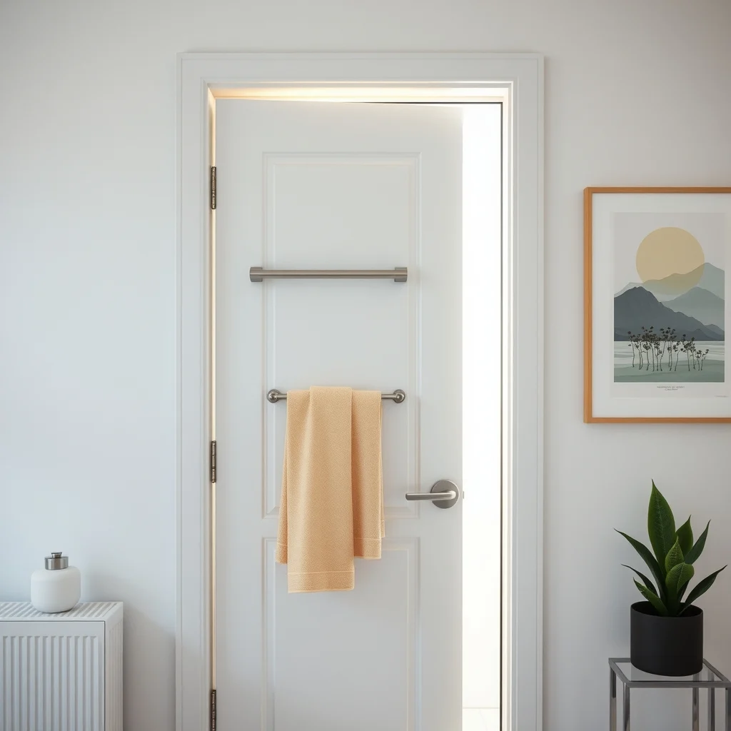 Modern minimal bathroom door painted soft matte white featuring a brushed metal over door rack holding pastel towels and a clear acrylic hanging organizer warm natural light from frosted window highlights the functional shelf
