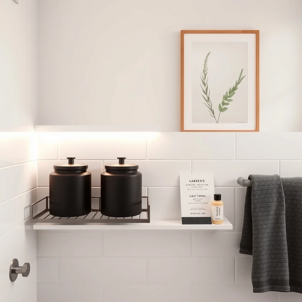 Modern minimal bathroom wide shallow shelf lined with vertical metal dividers three matte black ceramic jars stacked side by side crisp white tiles narrow strip LED backlight emphasizing vertical rhythm close up detail