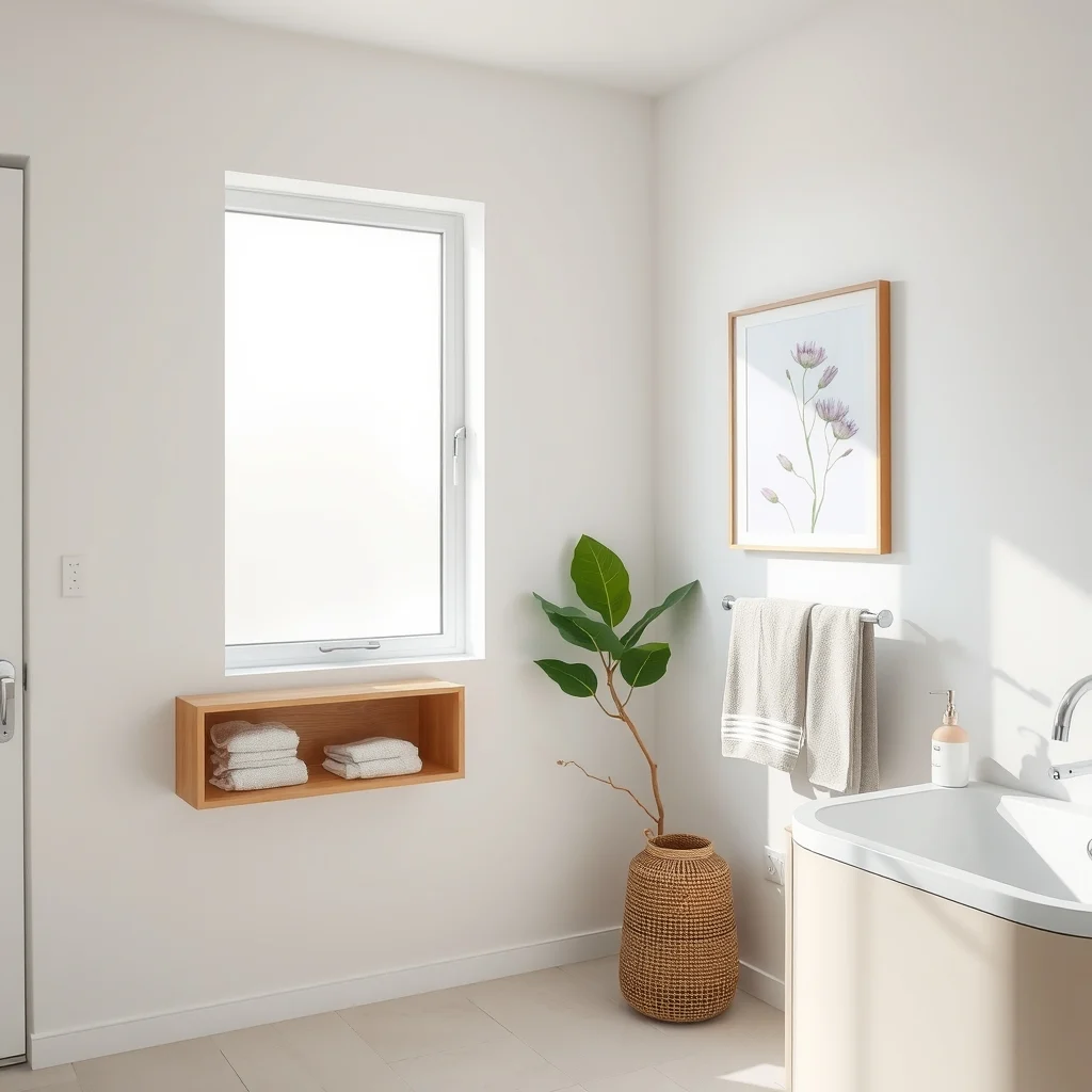 Modern minimalist bathroom crisp white walls light oak built in shelf beside brushed nickel wall mounted towel bar holding towels soft natural light from frosted window abstract botanical art behind