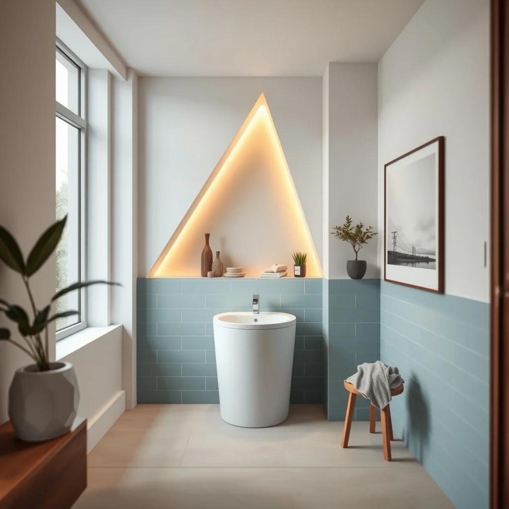 Modern minimalist bathroom niche carved into a triangular corner lined with ivory linen subtle recessed LED strip glows warm while nearby teal tiles frame the seamless hamper