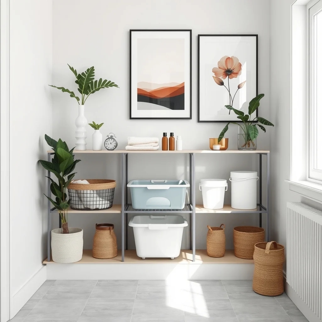 Modern minimalist bathroom shelf featuring clear acrylic drawer powder coated metal basket and white plastic bins soft natural light highlights crisp white walls and light gray tiles emphasizing moisture resistant storage